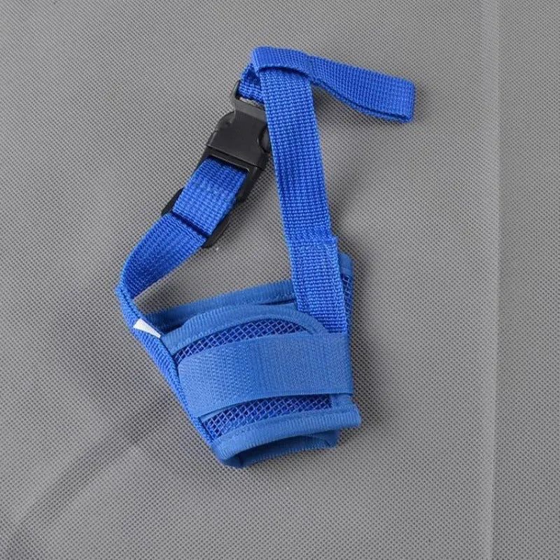Adjustable plastic dog muzzle in various colours showing snout coverage and head strap attachment