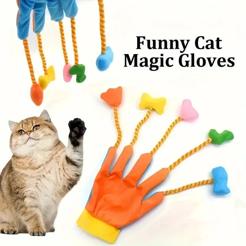 Yellow blue magic glove pet toy with plush trailer and integrated bell for interactive cat and dog play