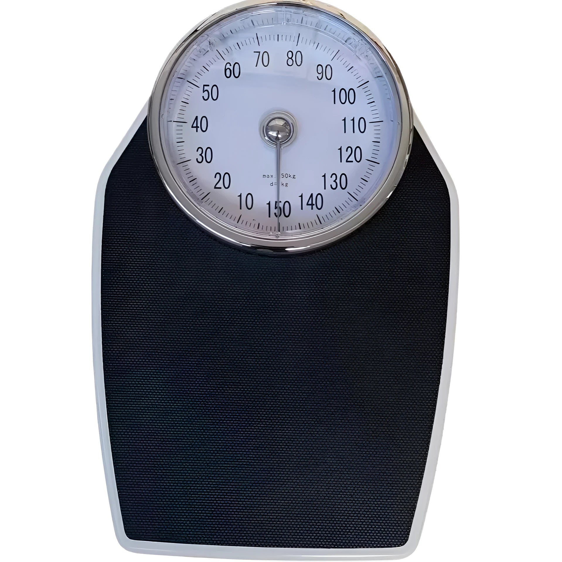 Black mechanical pointer body weight scale with large dial display measuring 47x35x11cm