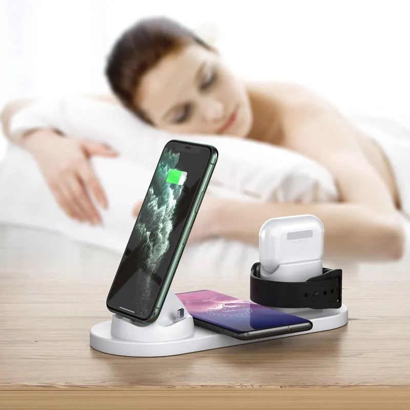 Black and white wireless charging station with phone stand, AirPods charging spot, and iWatch charger
