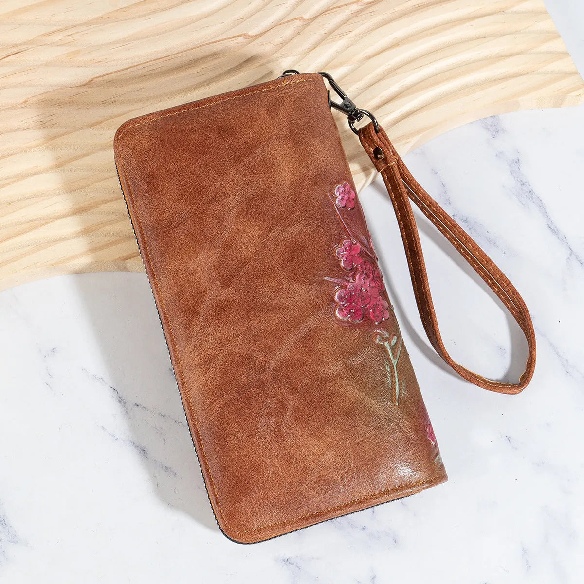 Embossed floral pattern Chinese style zipper handbag in PU leather
