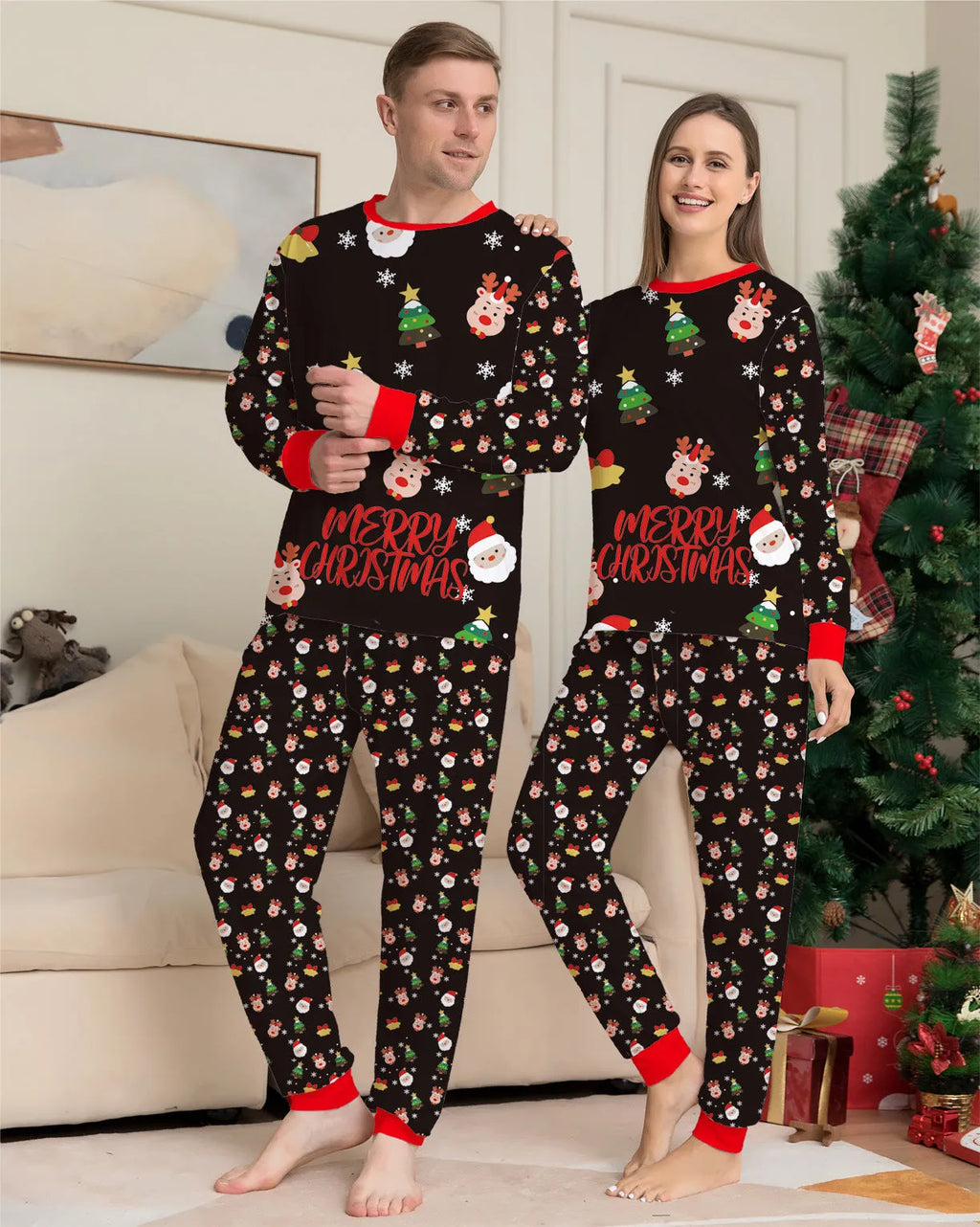 Family matching Christmas pyjamas set in cotton with plaid and cartoon prints for parents, children and dogs