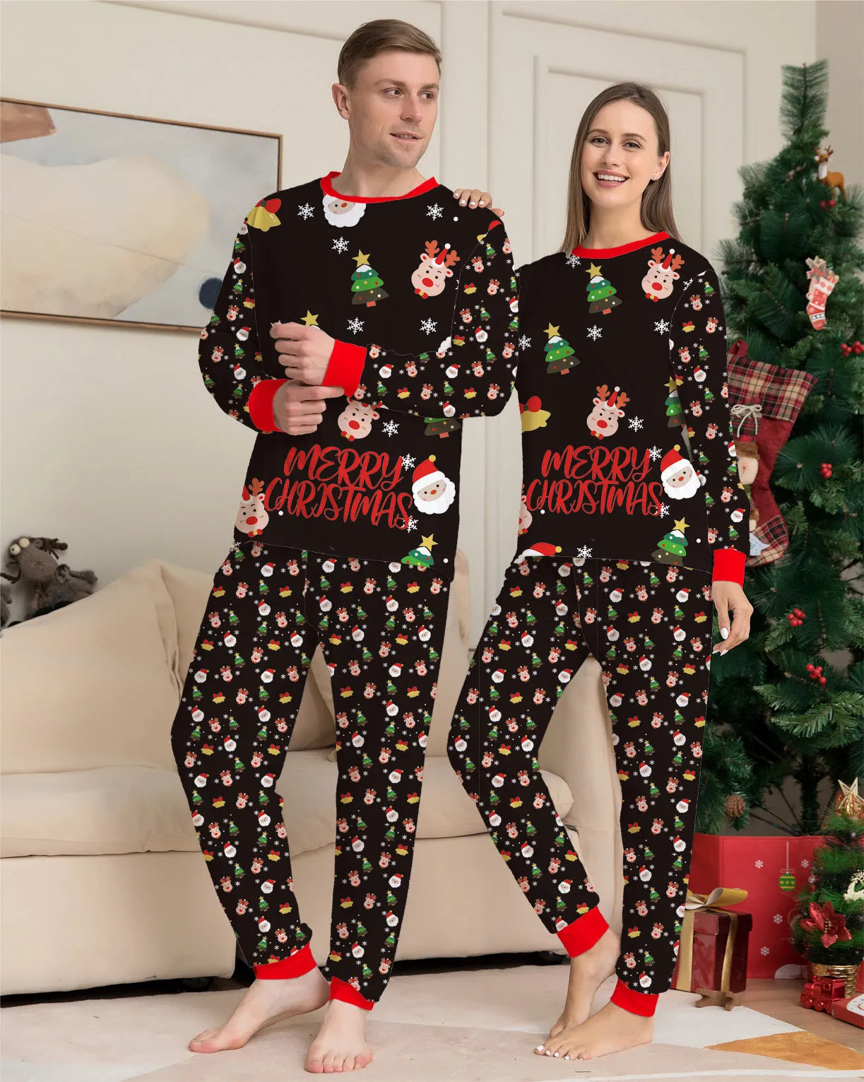 Family matching Christmas pyjamas set in cotton with plaid and cartoon prints for parents, children and dogs