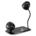 White three-in-one desk lamp with wireless charging pad, digital clock, and broad LED light panel.