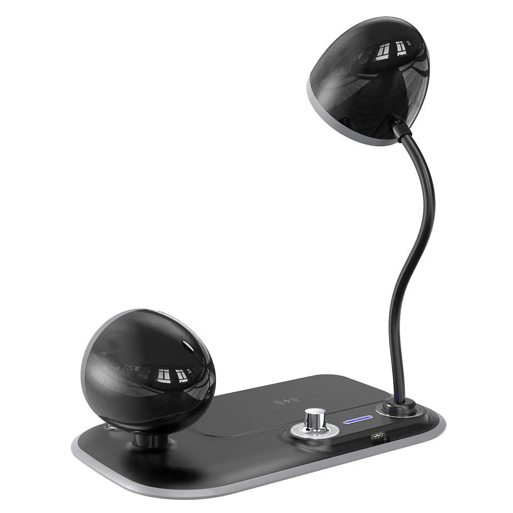 White three-in-one desk lamp with wireless charging pad, digital clock, and broad LED light panel.