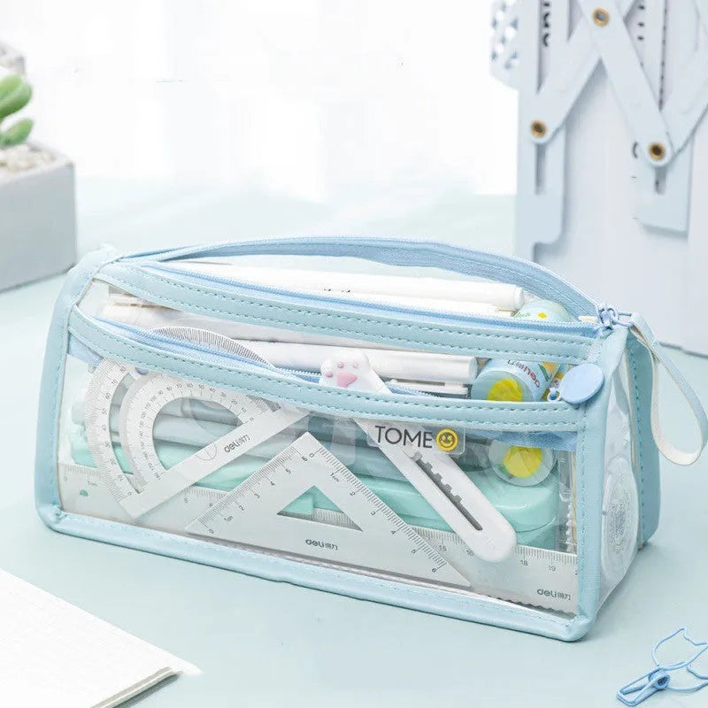 Transparent double-layer pencil case showing two compartments, 220x110x80mm dimensions