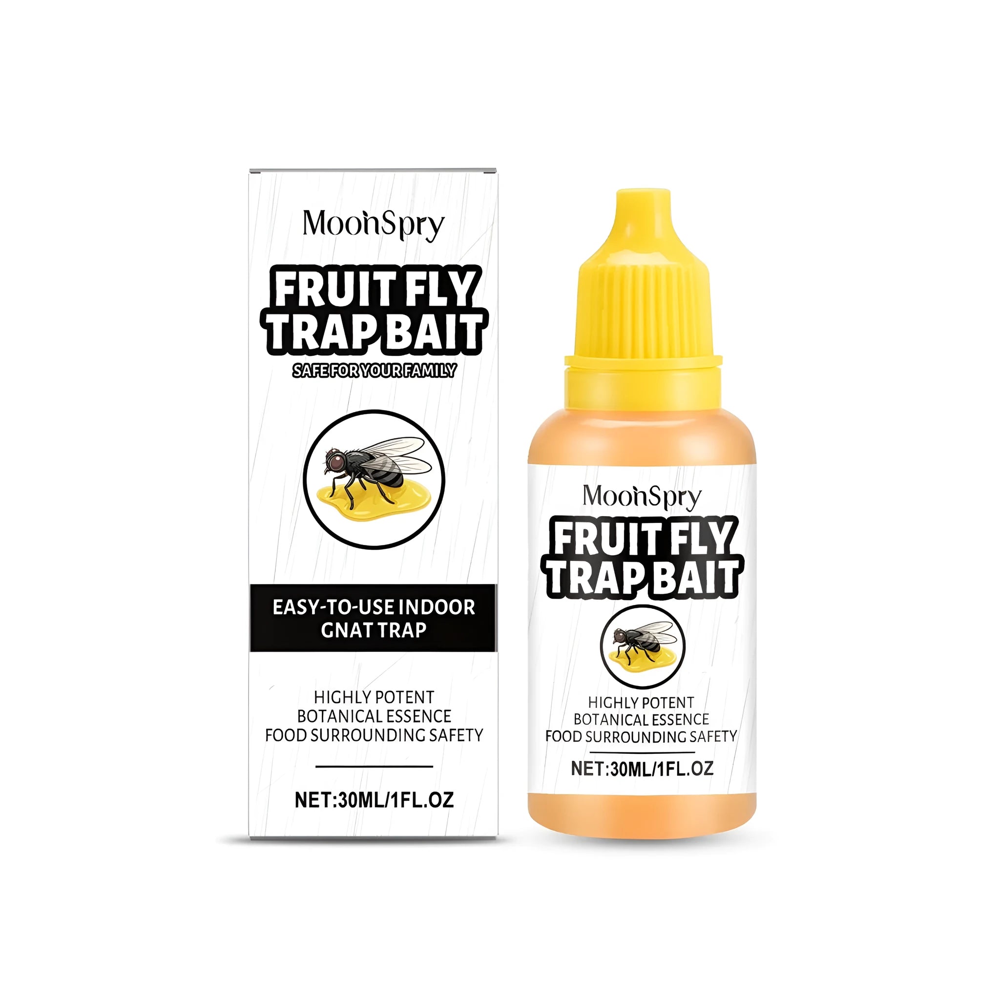 30ml bottle of clear fruit fly trap bait solution with fructose sorbitol formulation for Drosophila control