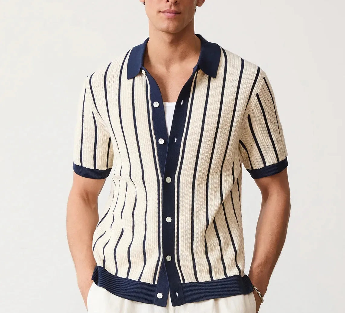Men's white ice silk knitted polo shirt with asymmetric design and lapel neckline