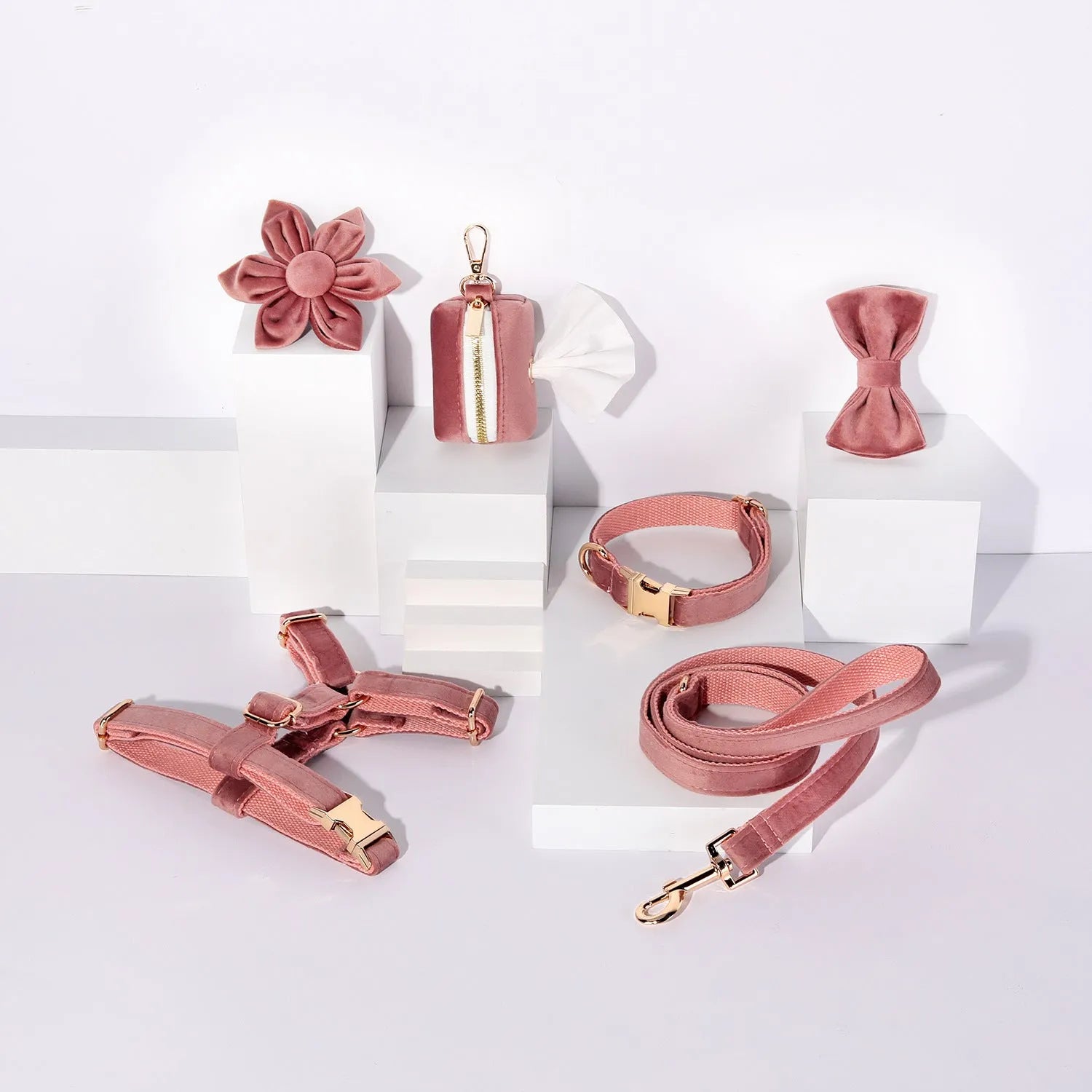 Classic velvet pet collar and traction rope set with matching bow tie, flower and accessories