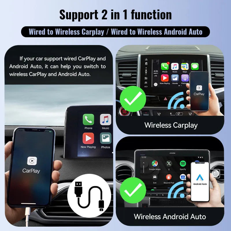Black mini CarPlay USB wireless data adapter with 26×55×13mm compact ABS PC construction