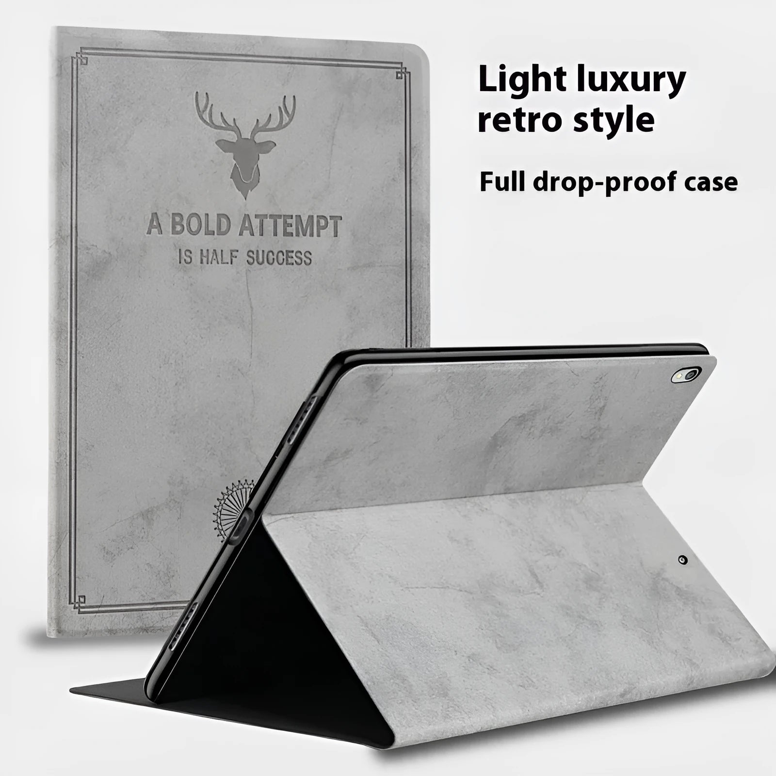 Deer pattern soft shell protective case for iPad in TPU leather, shown in clamshell design.