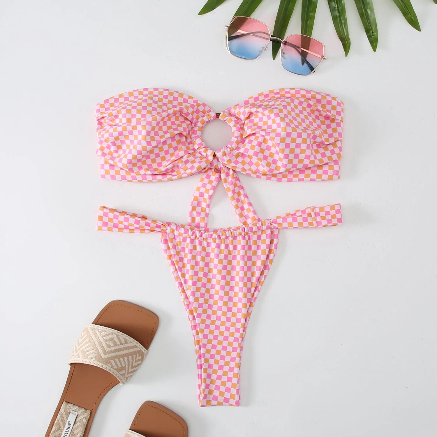 Women's floral printed tube top ring bikini set with backless design and high elasticity fabric