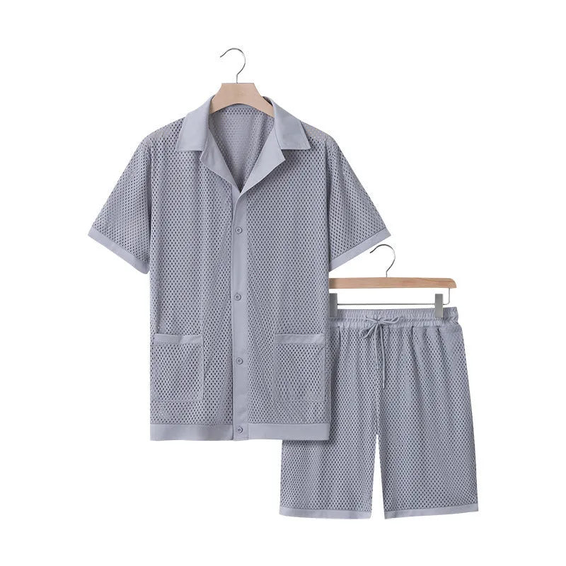 Lake blue see-through beach dress with matching cardigan and shorts set on a model.