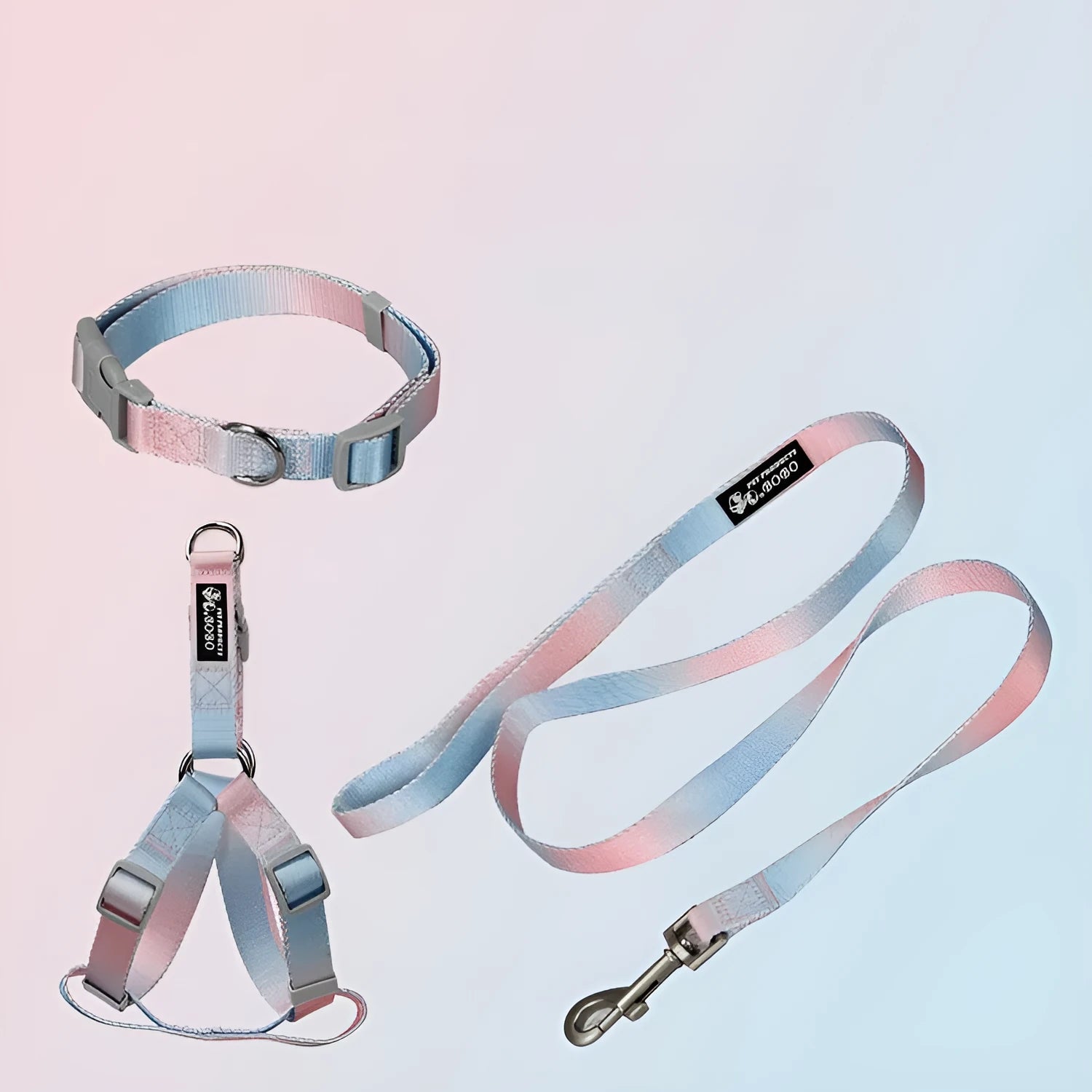 Nylon dog leash and collar set showing pink and blue gradient colour option.