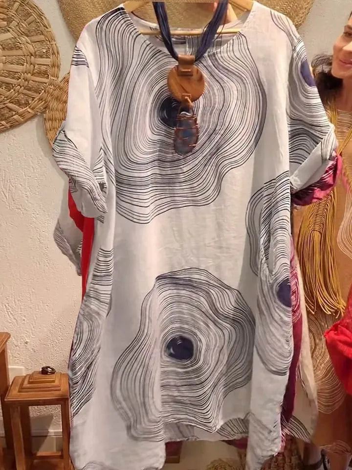 Women's round neck abstract printing sleeve dress with A-line skirt in red, polyester fabric