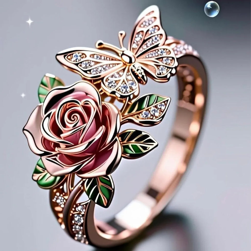 Adjustable butterfly ring with colourful oil-drip effect showing floral and insect details