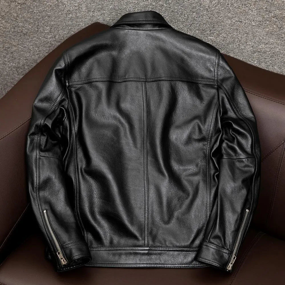 Men's brown PU leather lapel jacket with side seam pockets shown in loose fit