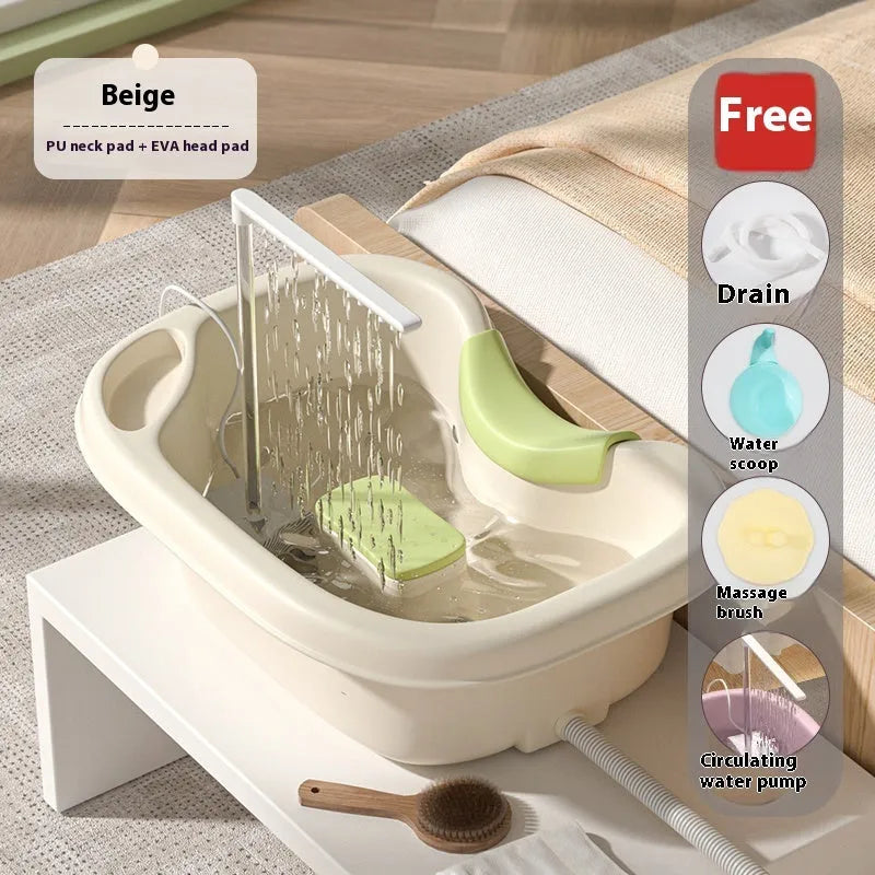 Portable plastic shampoo basin with neck pillow and water pump for bed hair washing