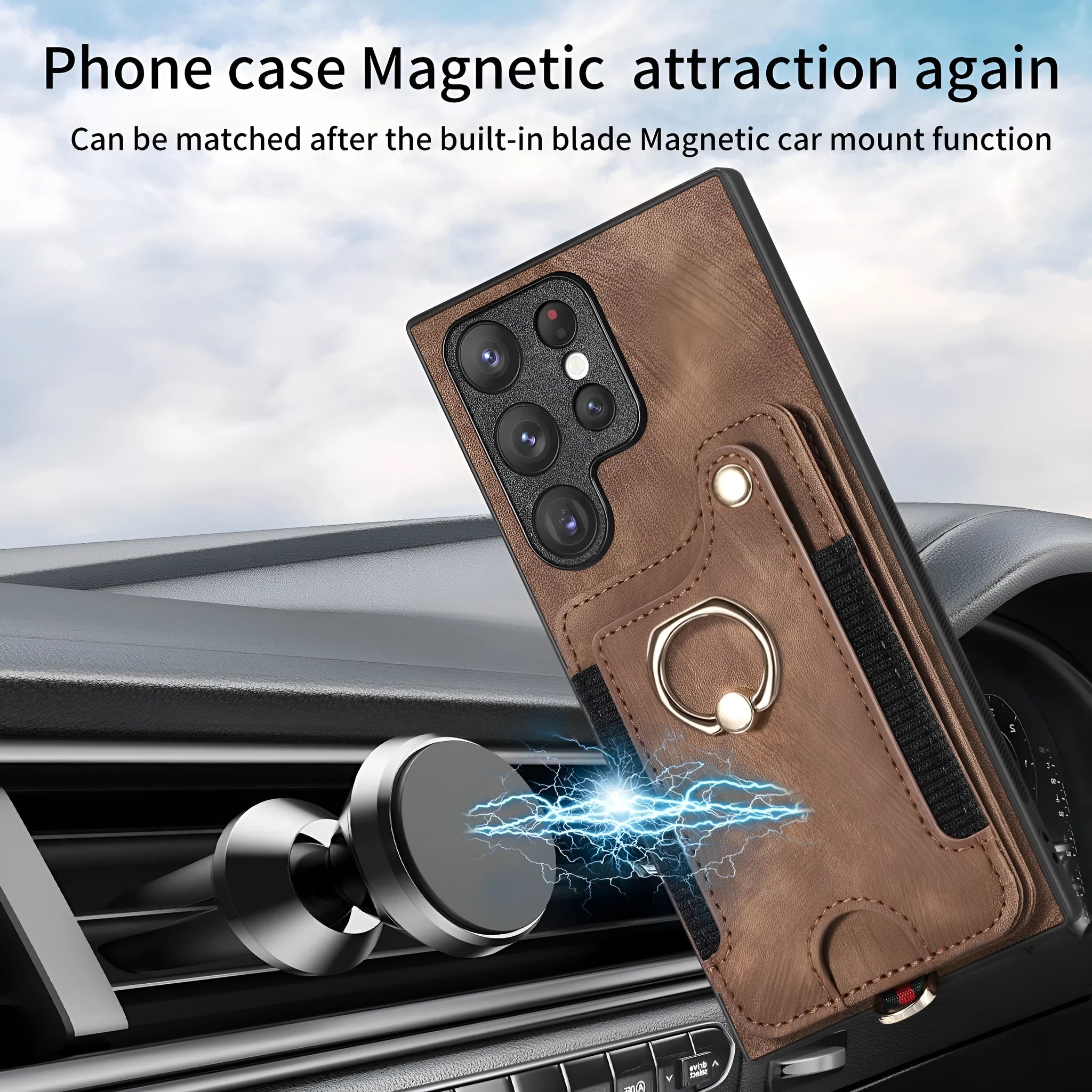 Dark brown PU Samsung phone case with anti-theft ring lanyard, card holder, and kickstand