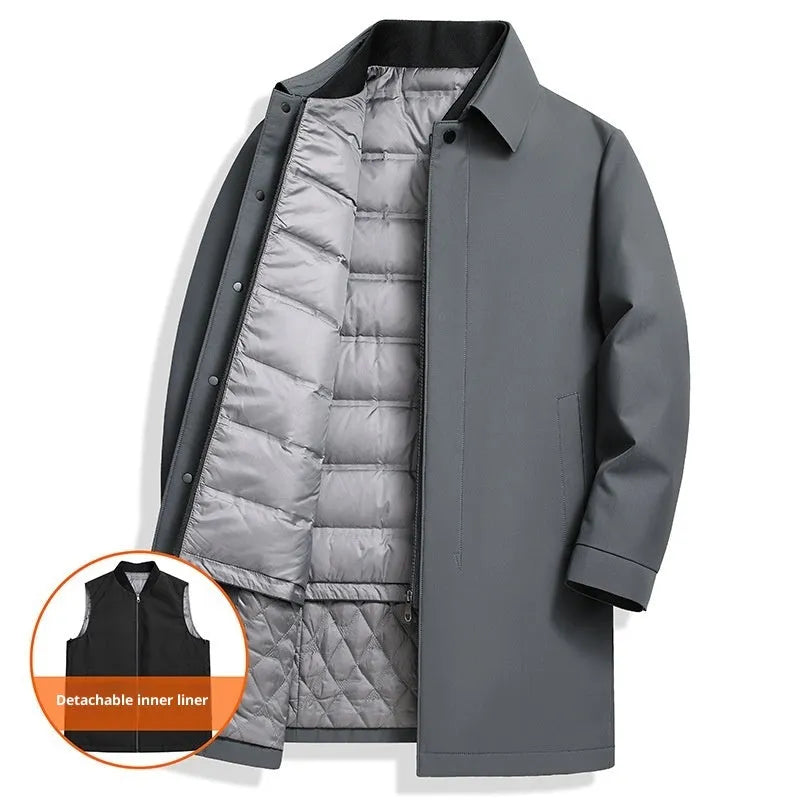 Men's mid-length white duck down jacket in black, thick polyester lining, non-iron, size M to 4XL