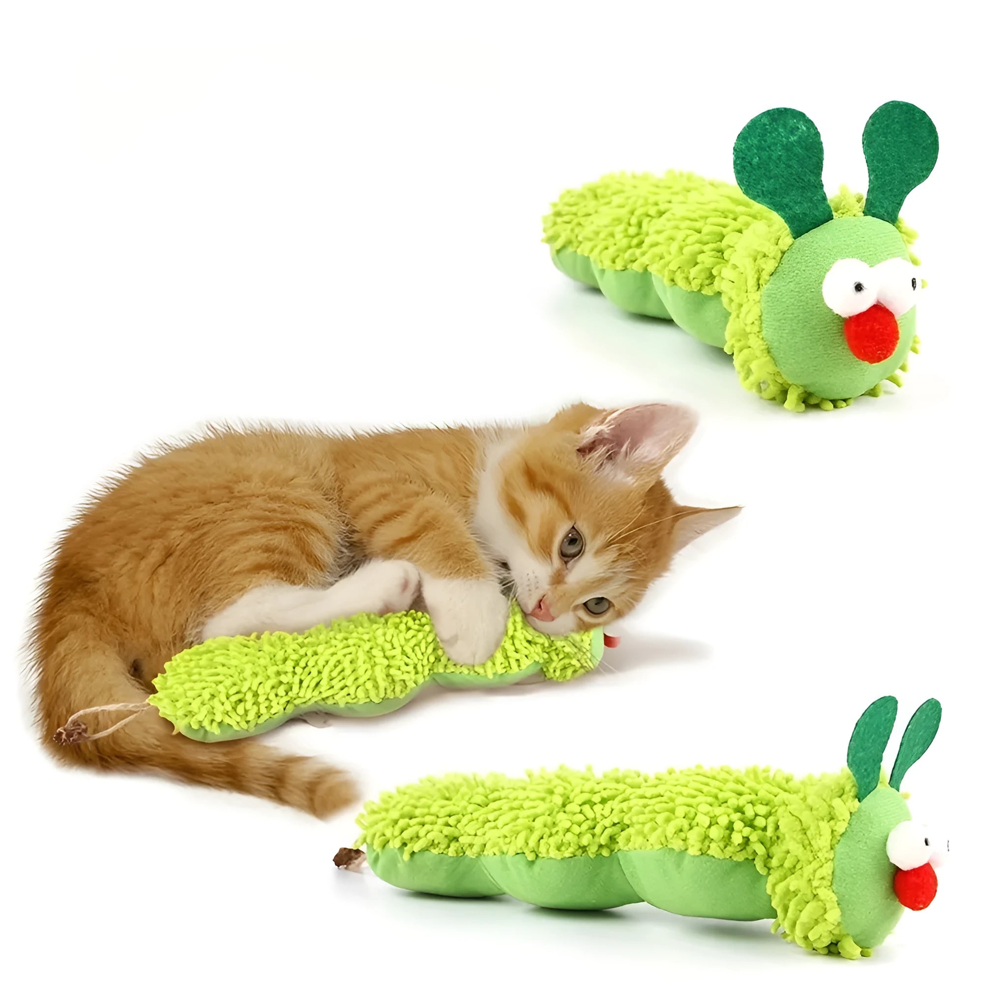 Green interactive plush cat toy pillow measuring 24x11x5cm on a floor
