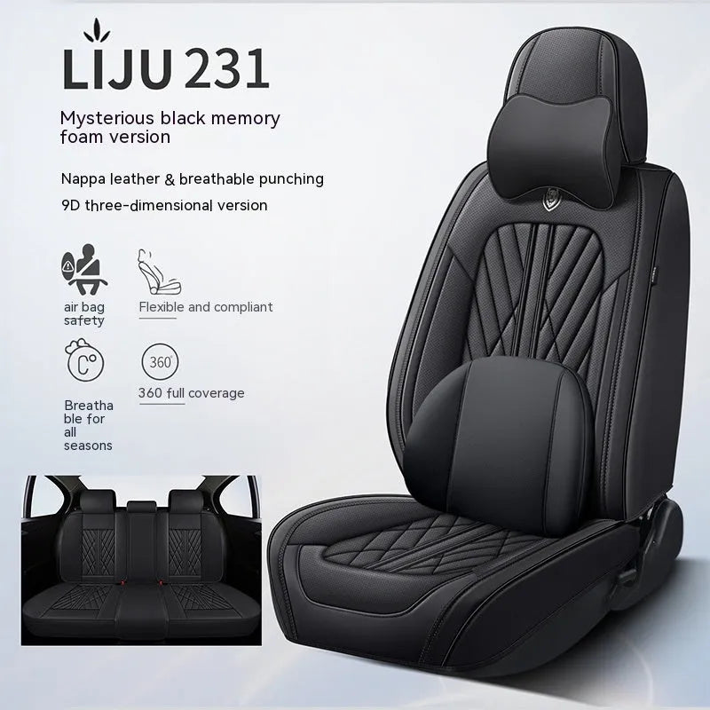 Five-piece leather car seat cushion set in various colour options with hemmed edge detailing
