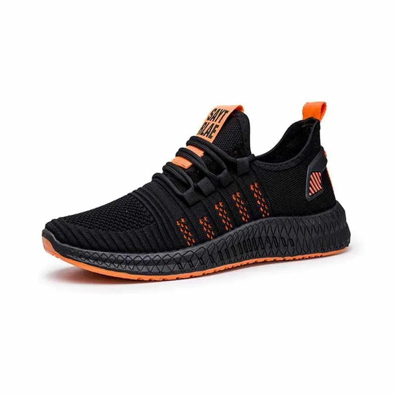 Men's black flying weave sports shoes with cross strap design and round toe