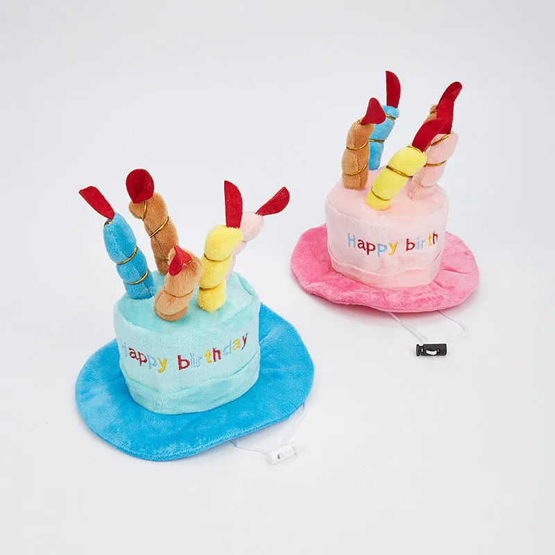 Blue and pink birthday hats for toy dogs showing 21cm width measurement