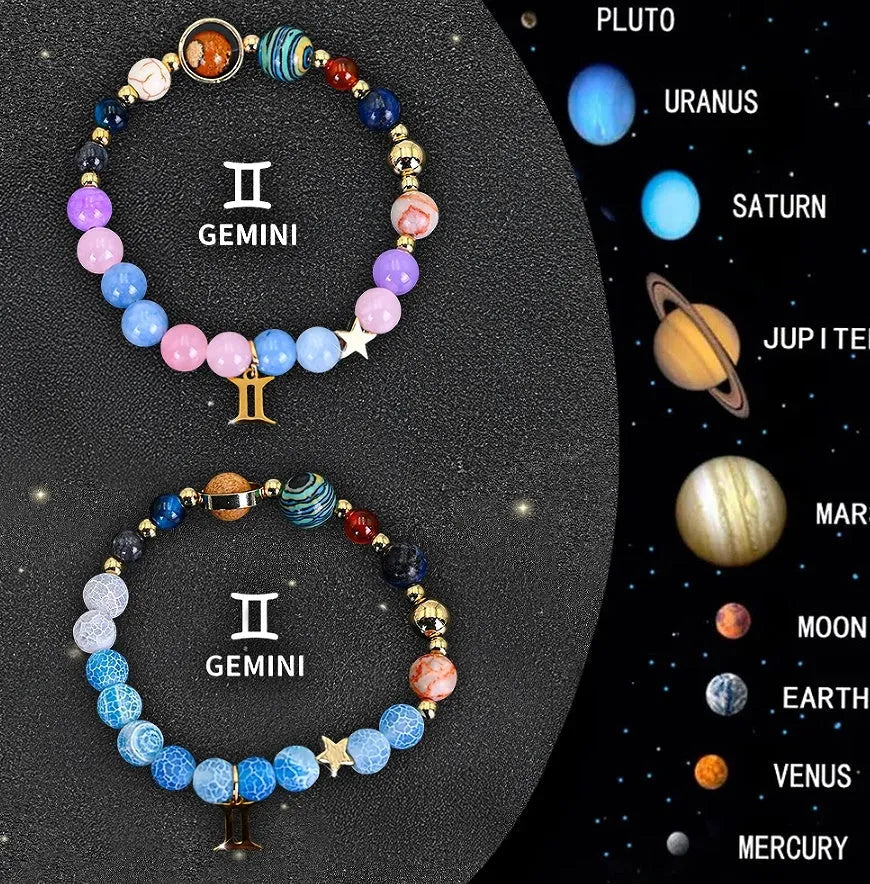 Set of twelve natural stone beaded bracelets with individual zodiac charms for each horoscope sign