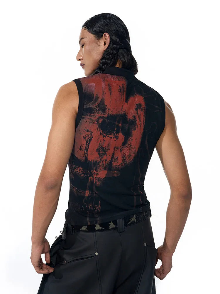 Black half turtleneck sleeveless t-shirt with printed character design on slim-fit cotton fabric