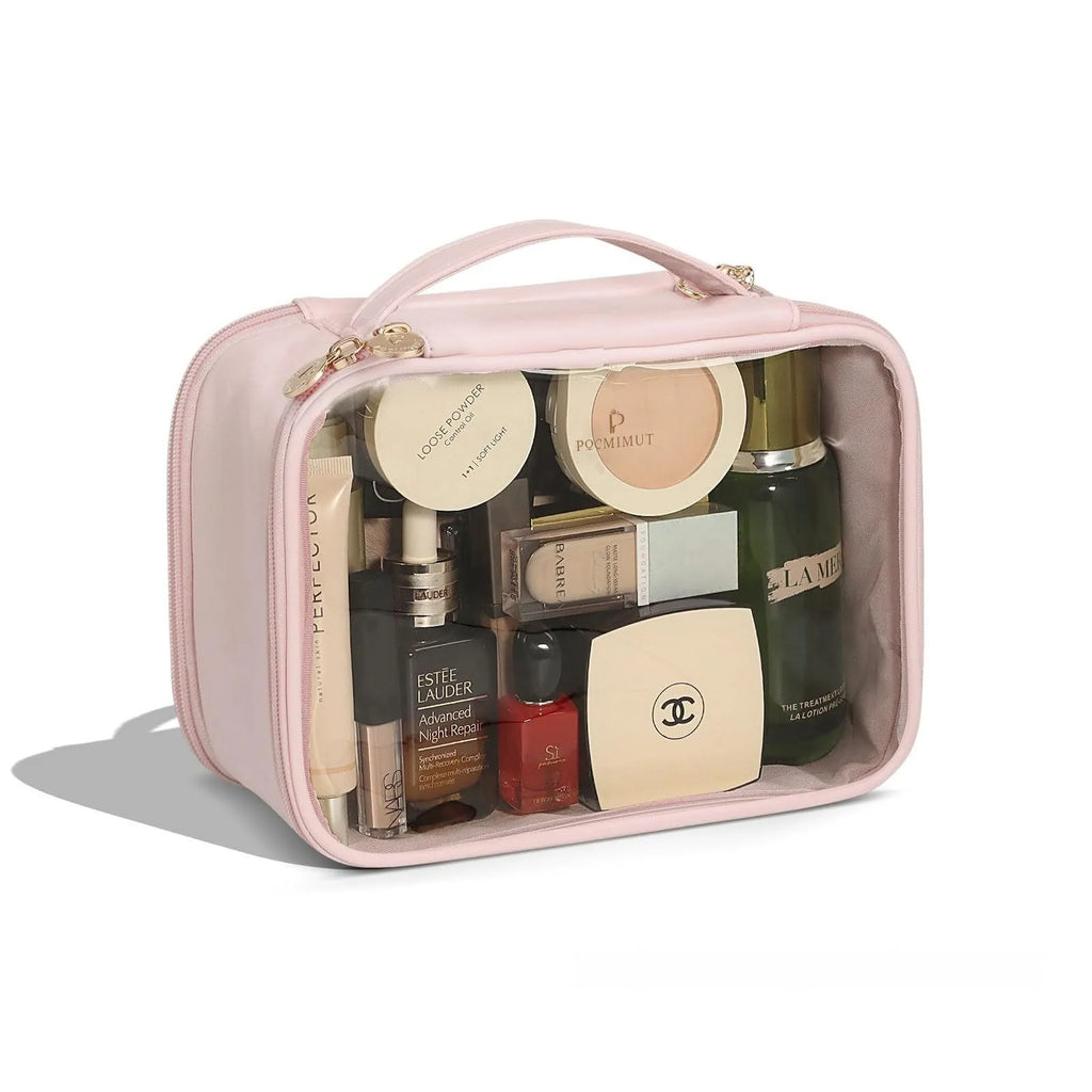 Transparent PVC leather cosmetic bag showing interior organisation and dry wet separation compartments.