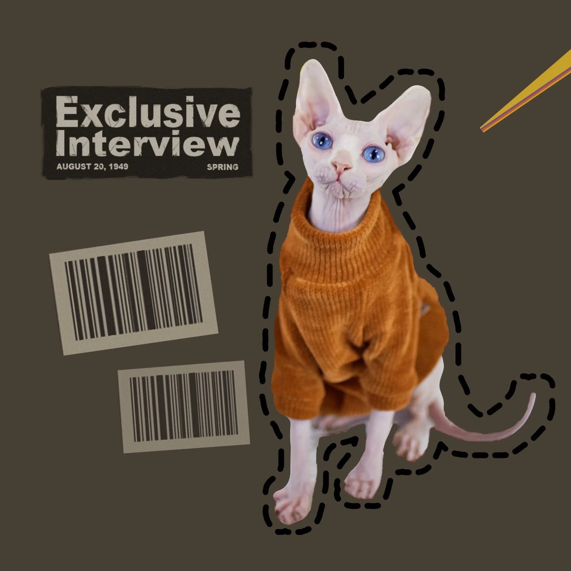 Caramel brown thickened chenille cat coat for hairless cats with fleece lining on white background