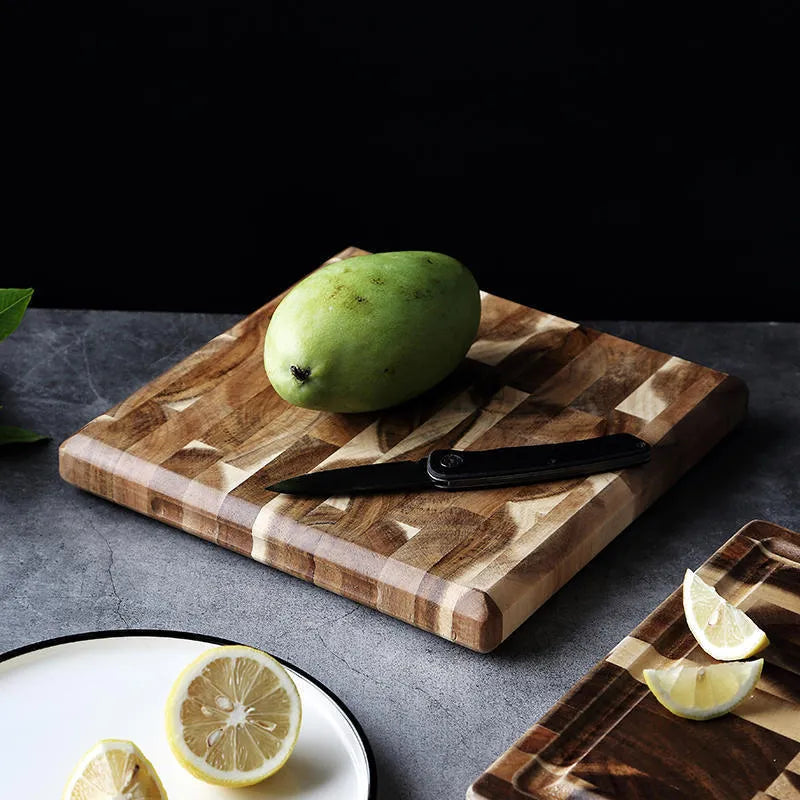 Brown solid wood cutting board with parquet construction and 3cm thickness for kitchen food preparation