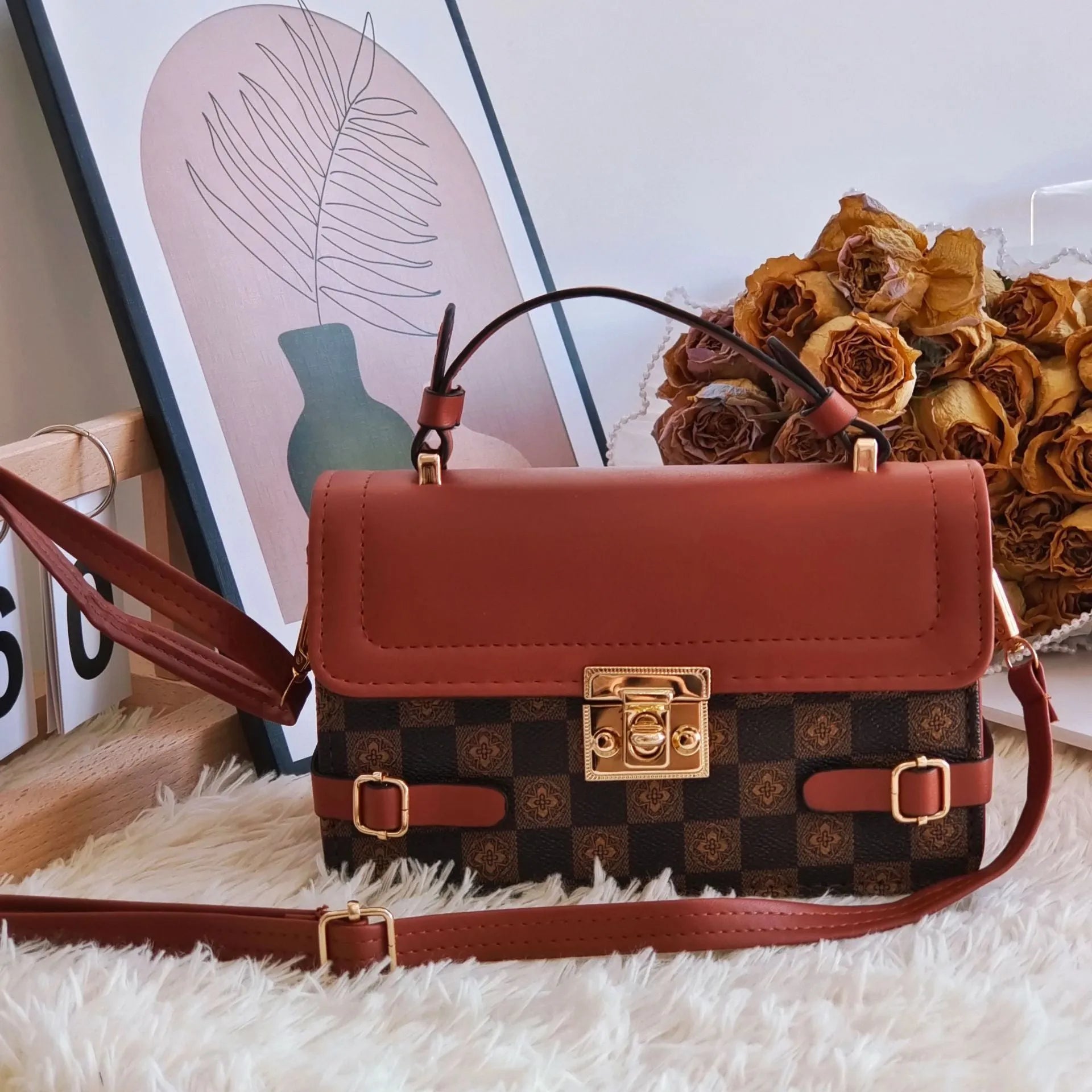 Brown ethnic pattern square crossbody bag with file compartment and structured PU build