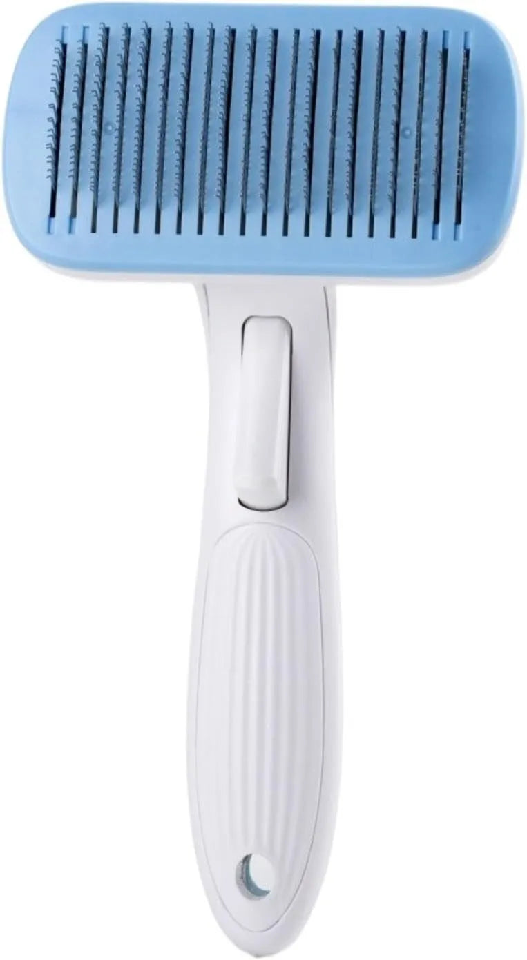 Automatic pet hair removal comb in blue, grey, green, or pink colours for dogs and cats