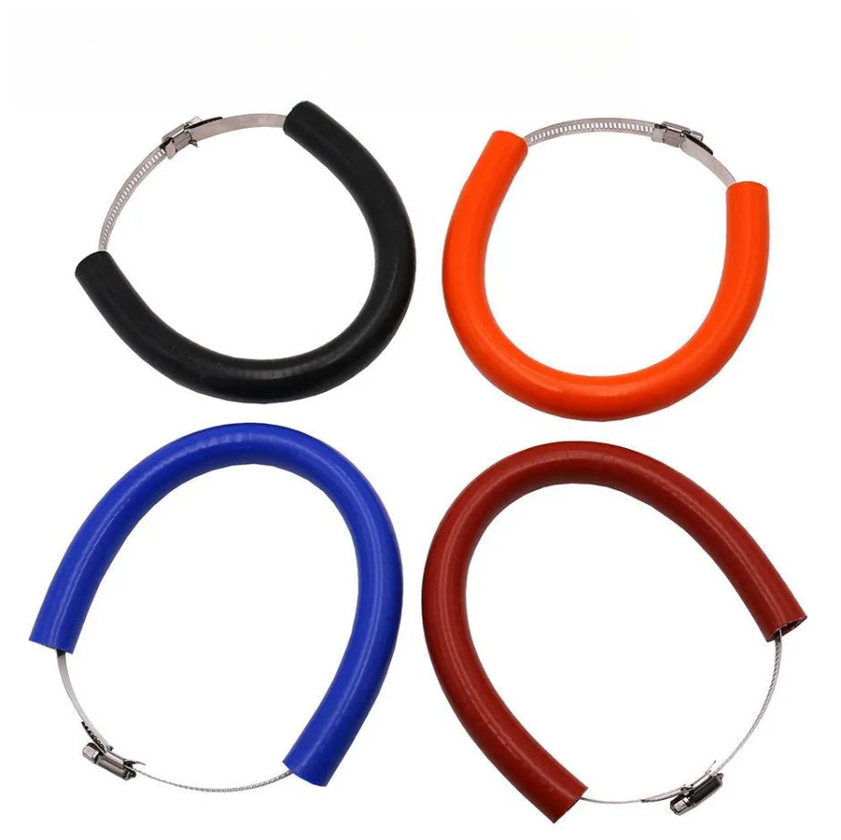 A black, a blue, and an orange universal motorcycle exhaust pipe steel clamp gasket on a white background.