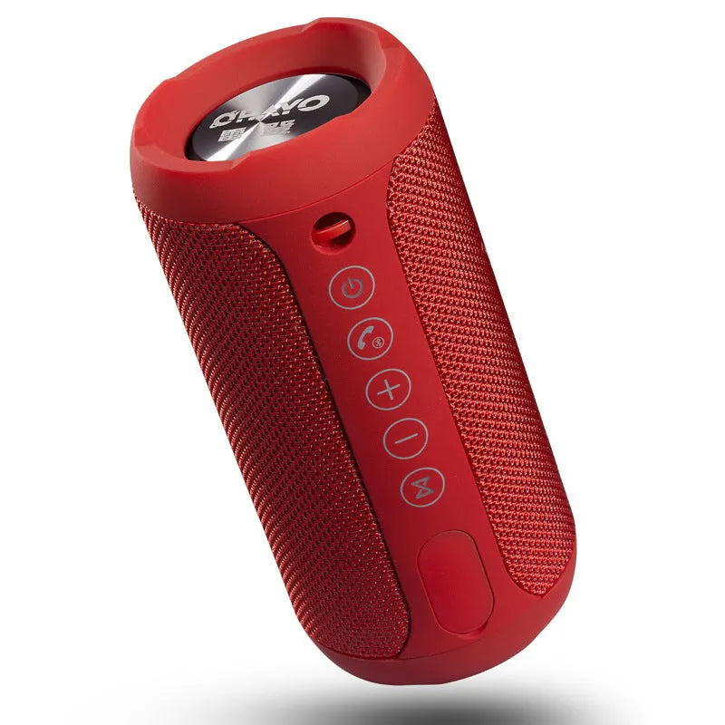 Outdoor waterproof portable speaker in black, camouflage, grey, or red colour with display showing Bluetooth, TF card, and AUX logos.