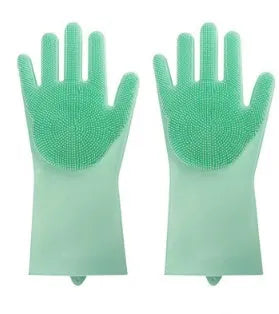 Blue silicone scrubbing gloves showing textured palm and finger surfaces for cleaning
