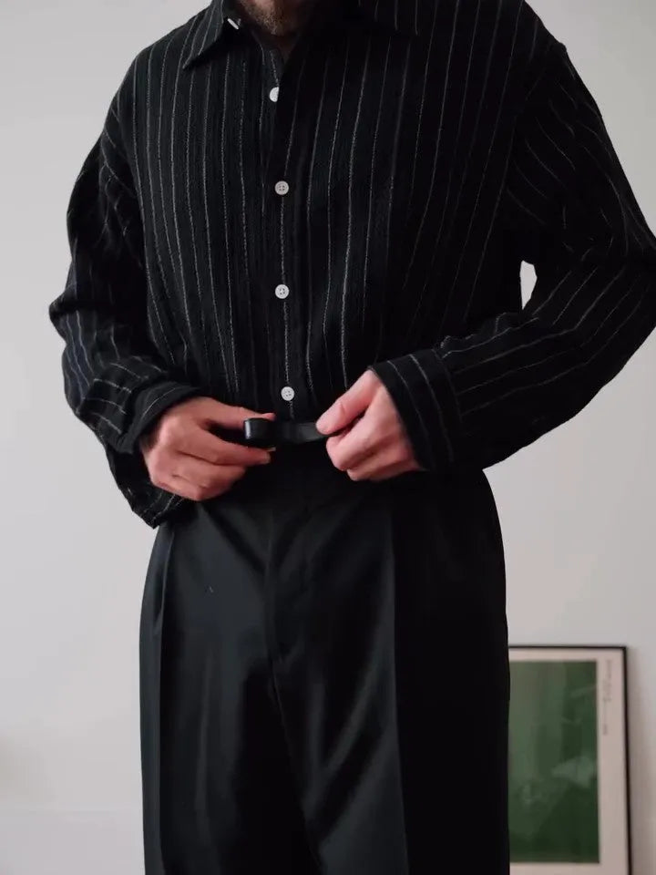 Black pinstriped polyester button-down shirt in regular fit with striped pattern