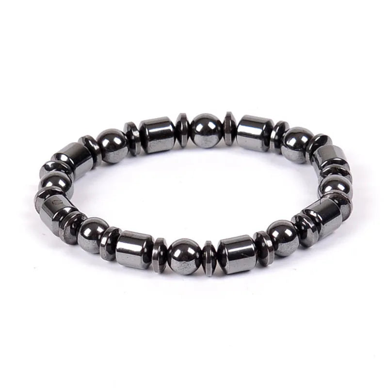 Black pentagram magnetic therapy bracelet made from magnetite and hematite stones with a stretch fit.