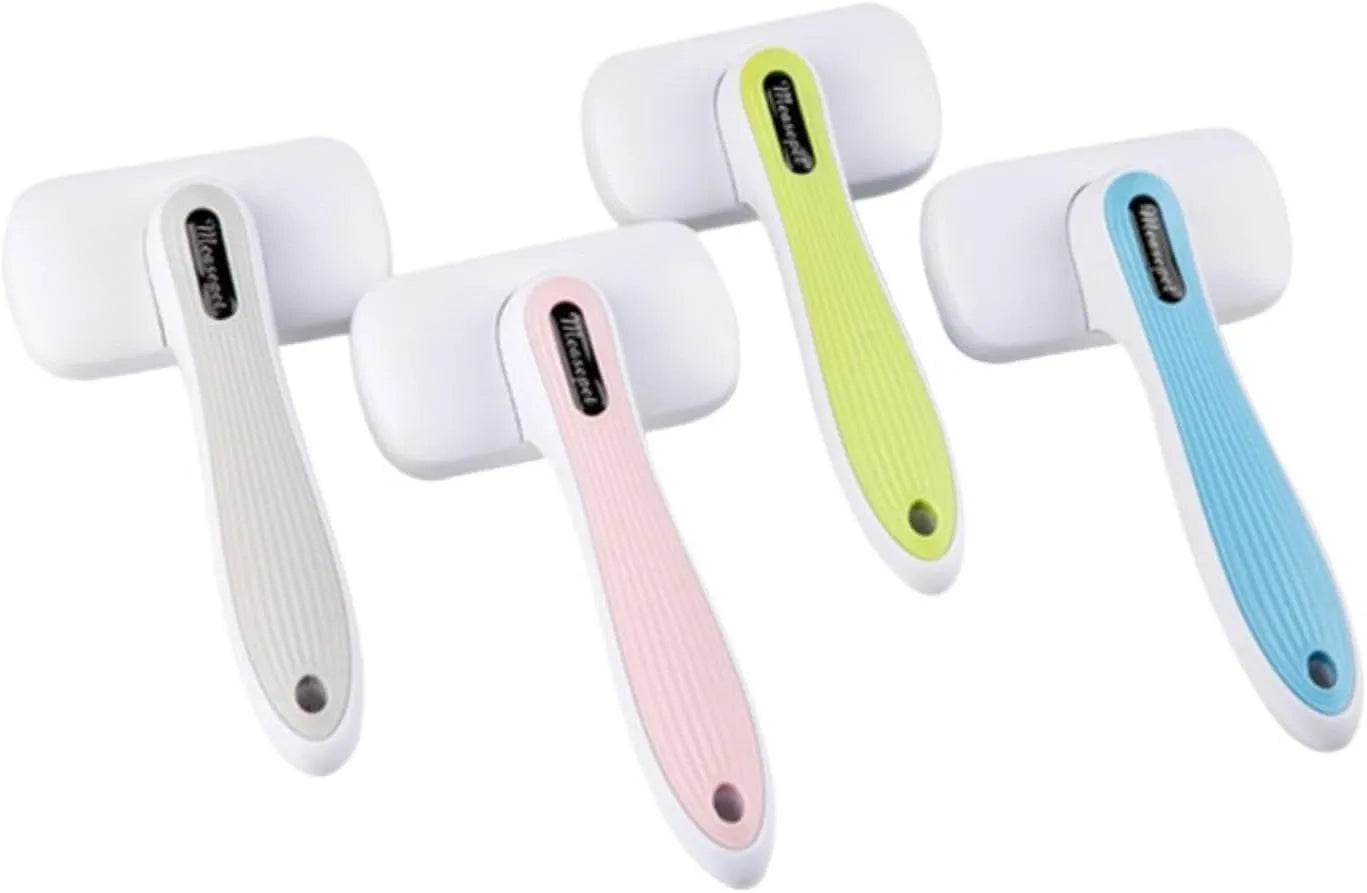 Automatic pet hair removal comb in blue, grey, green, or pink colours for dogs and cats