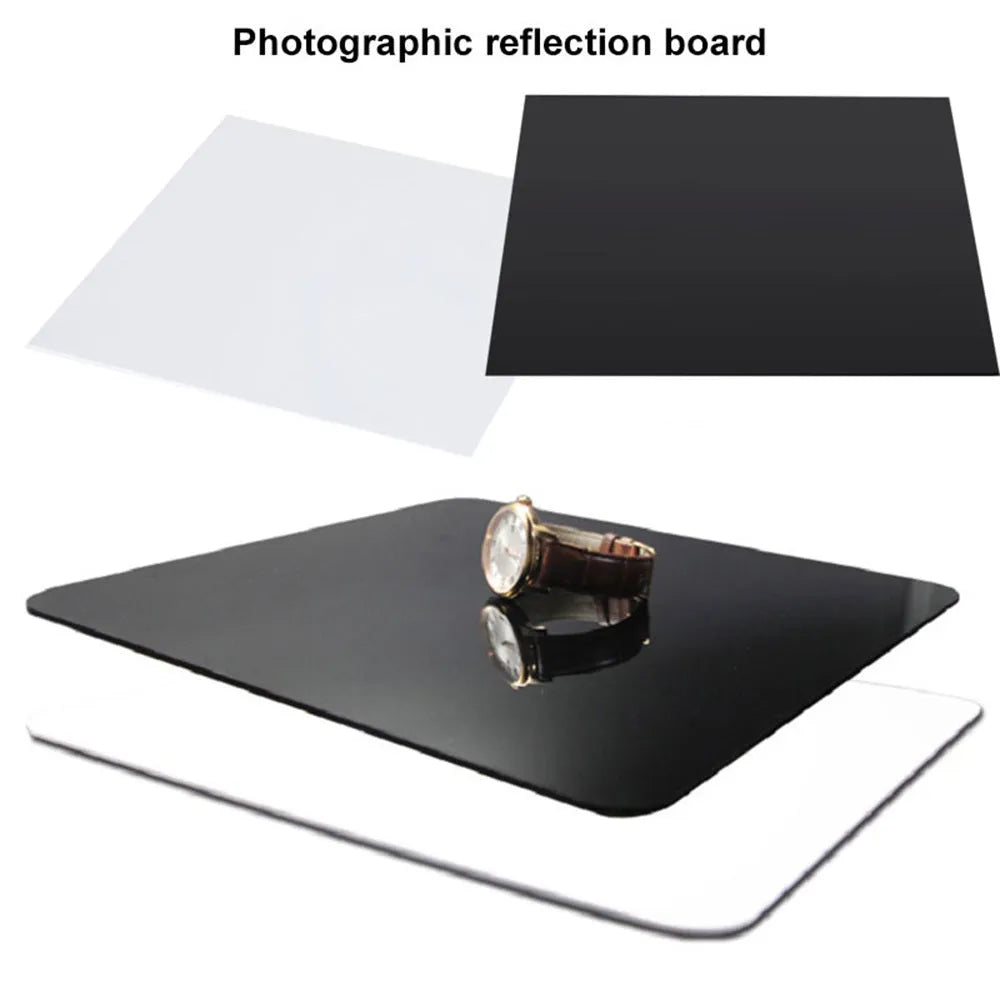 Black and white square acrylic reflection boards for photography in 20cm, 30cm, and 40cm sizes.