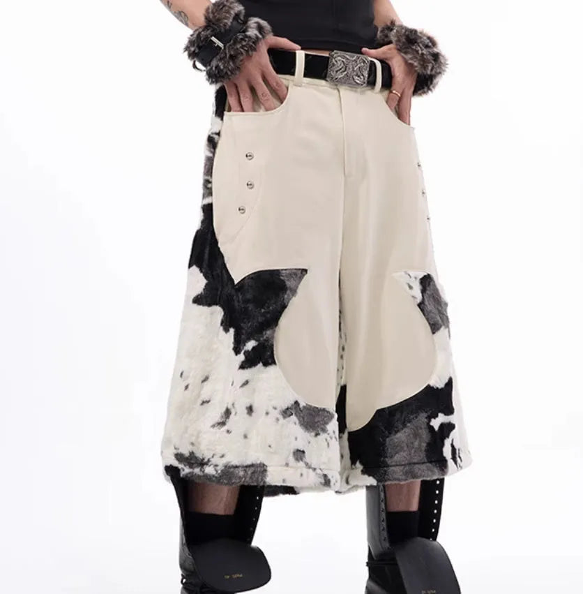 Cropped stitching milk fiber fur pants with checkered striped printed embroidered patterns in picture colour