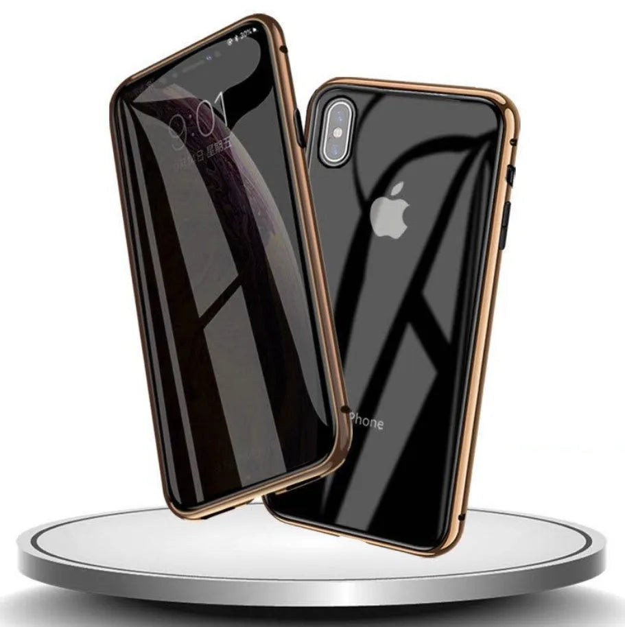 Anti-spy glass clamshell phone case in geometric design for iPhone, shown in multiple colour options