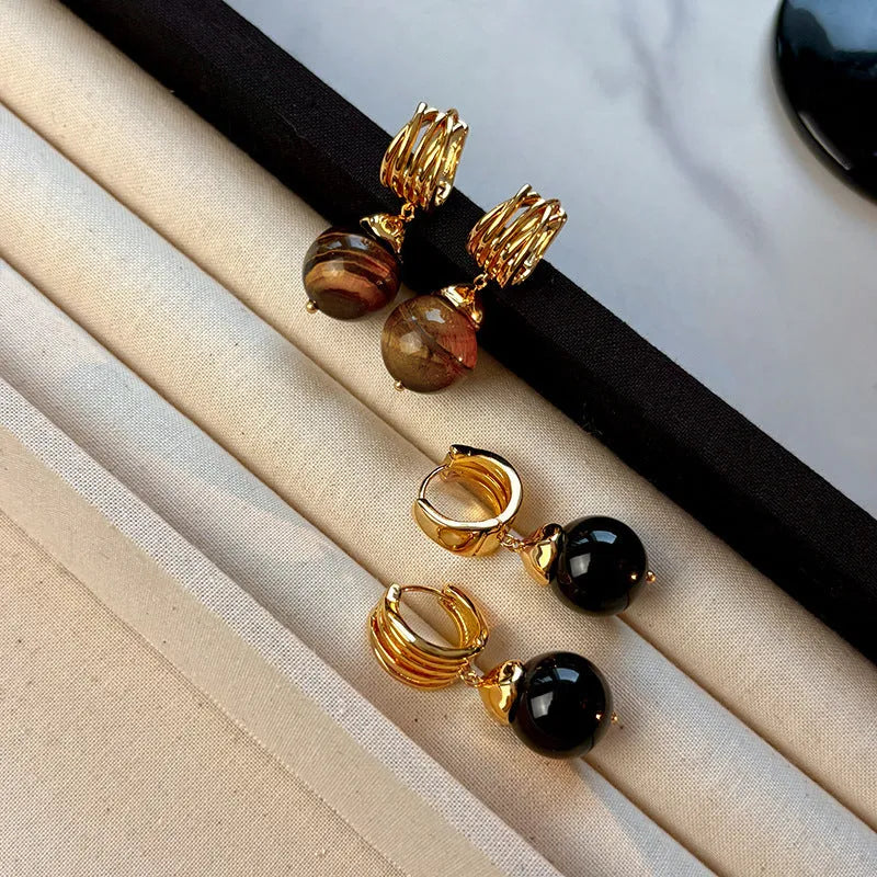 Geometric tigereye earrings with gold plating in black and brown colour options