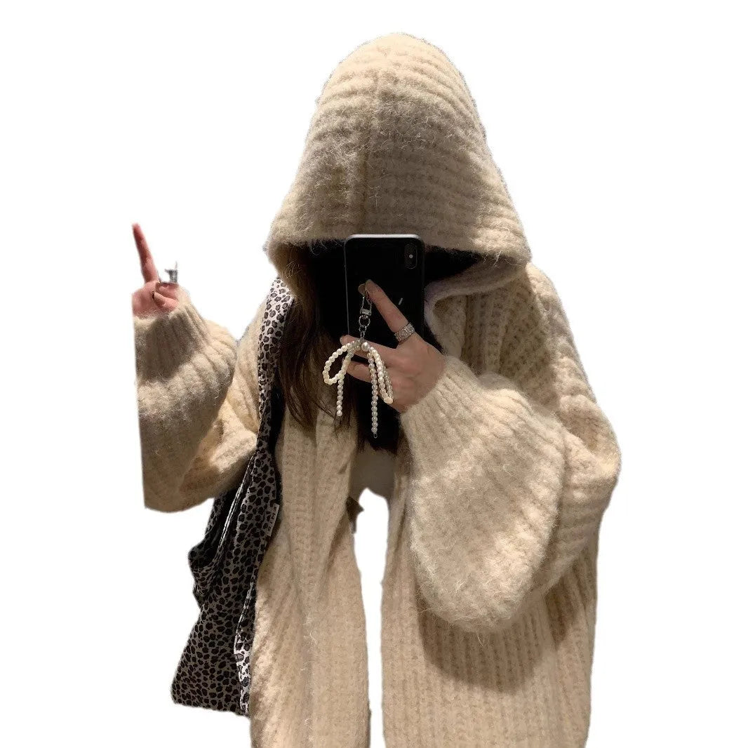 Women's loose hooded cardigan in thick acrylic blend, shown in dark grey, brown, and milky white.