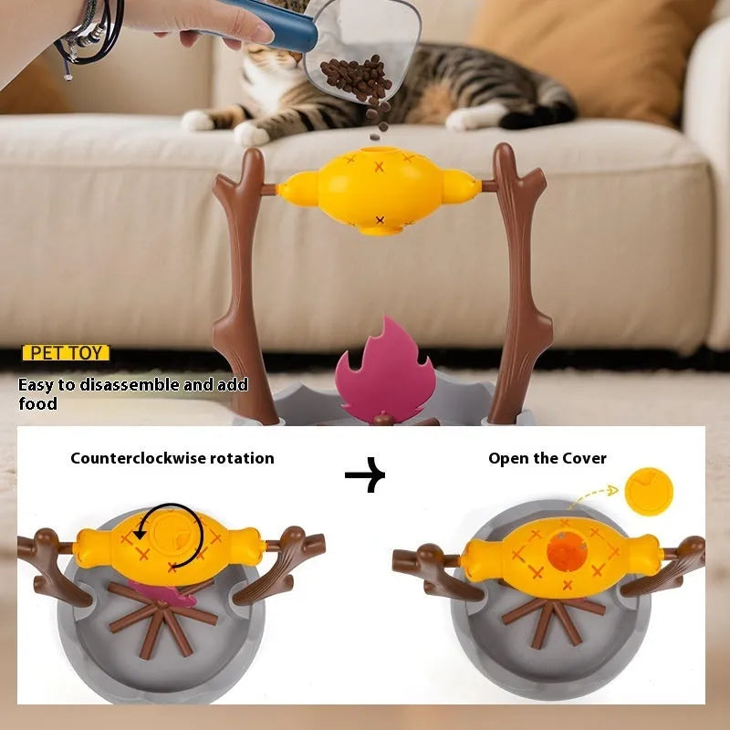 Barbecue-style tumbling cat food feeder with leakage treat dispenser measuring 30cm by 29cm