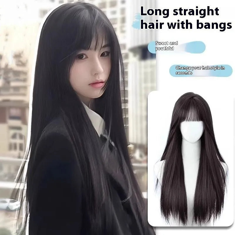 Long straight synthetic wig on a stand, shown in black colour with a full fringe.