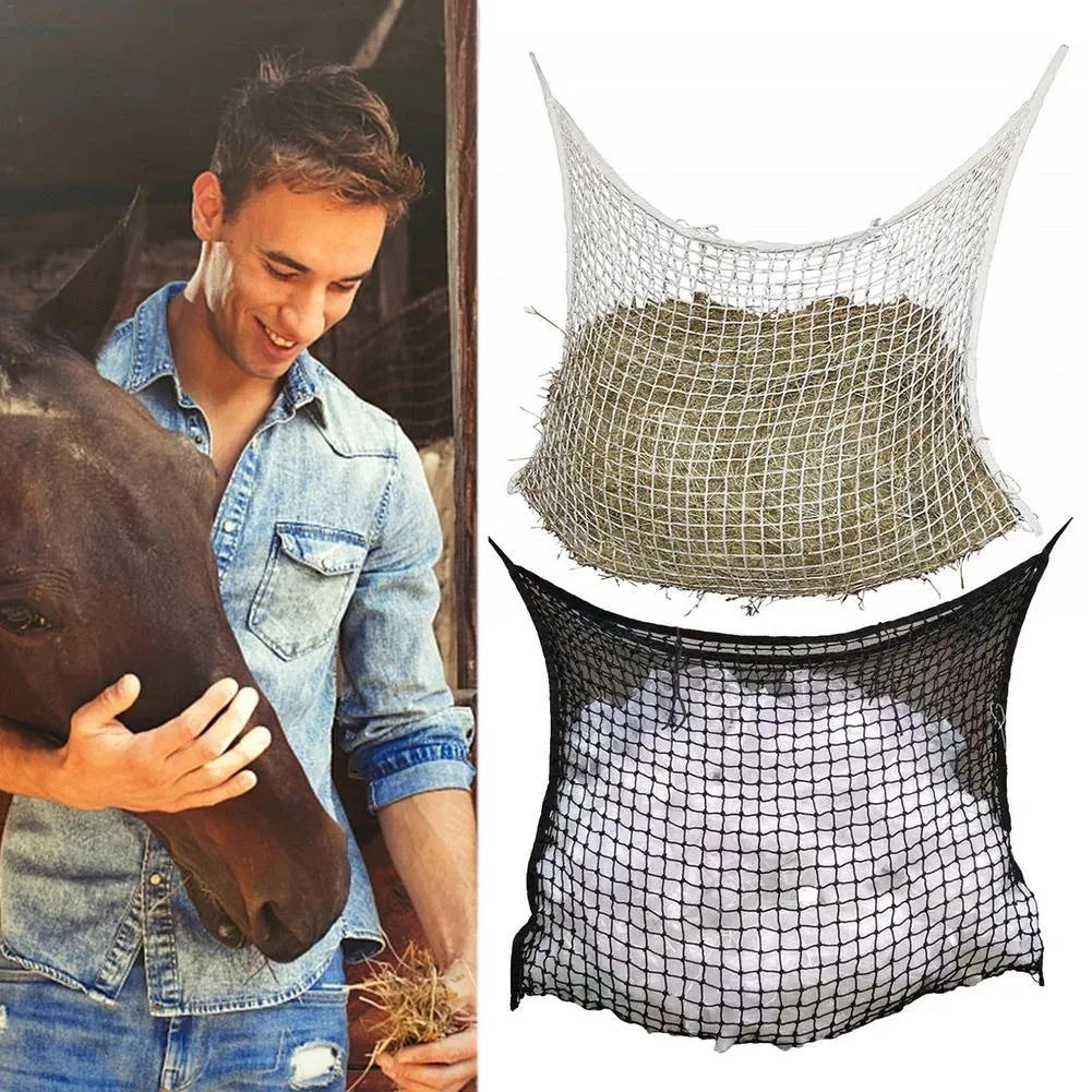 Woven black and white PE rope horse hanging feeding bag in various sizes for cattle and sheep.