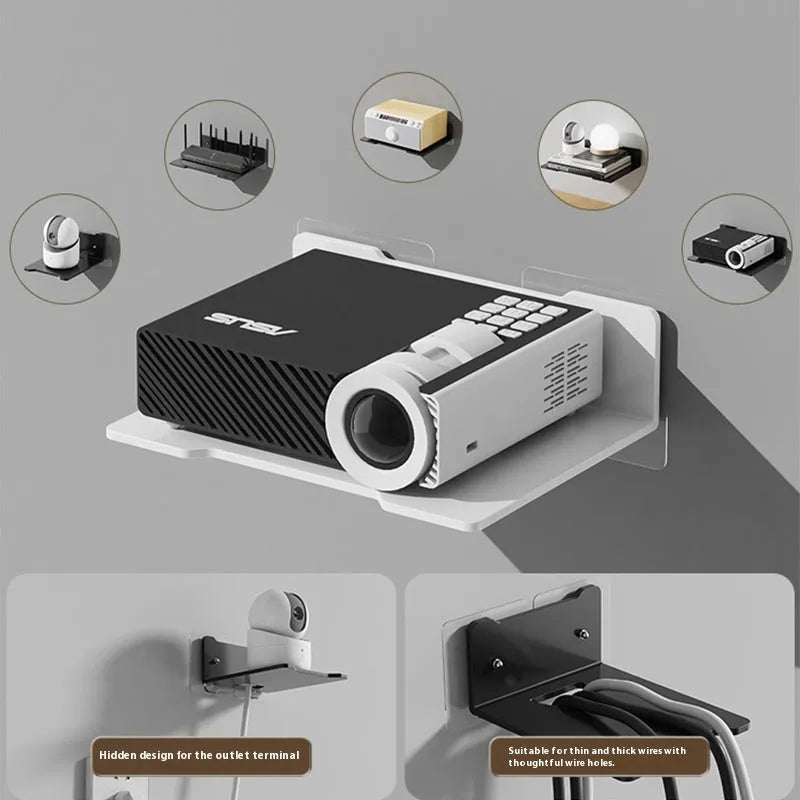 Punch-free carbon steel wall hanging bracket for projector or camera, black finish on white wall